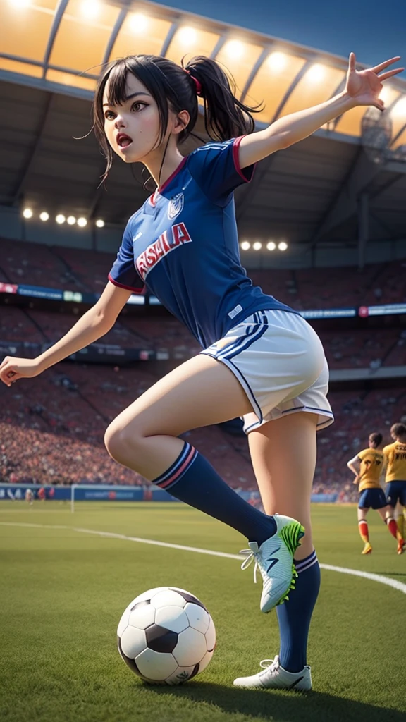 (top-quality, 8K, ?masterpiece:1.3) A portrait of a determined anime girl mid-action on the soccer field, about to kick the ball with intense focus. She wears a soccer uniform with a sweatband. The background features a stadium with cheering crowds, bright stadium lights, and a clear night sky. The image should emphasize detailed elements of her athletic pose, the dynamic soccer field, and the energetic, competitive atmosphere.