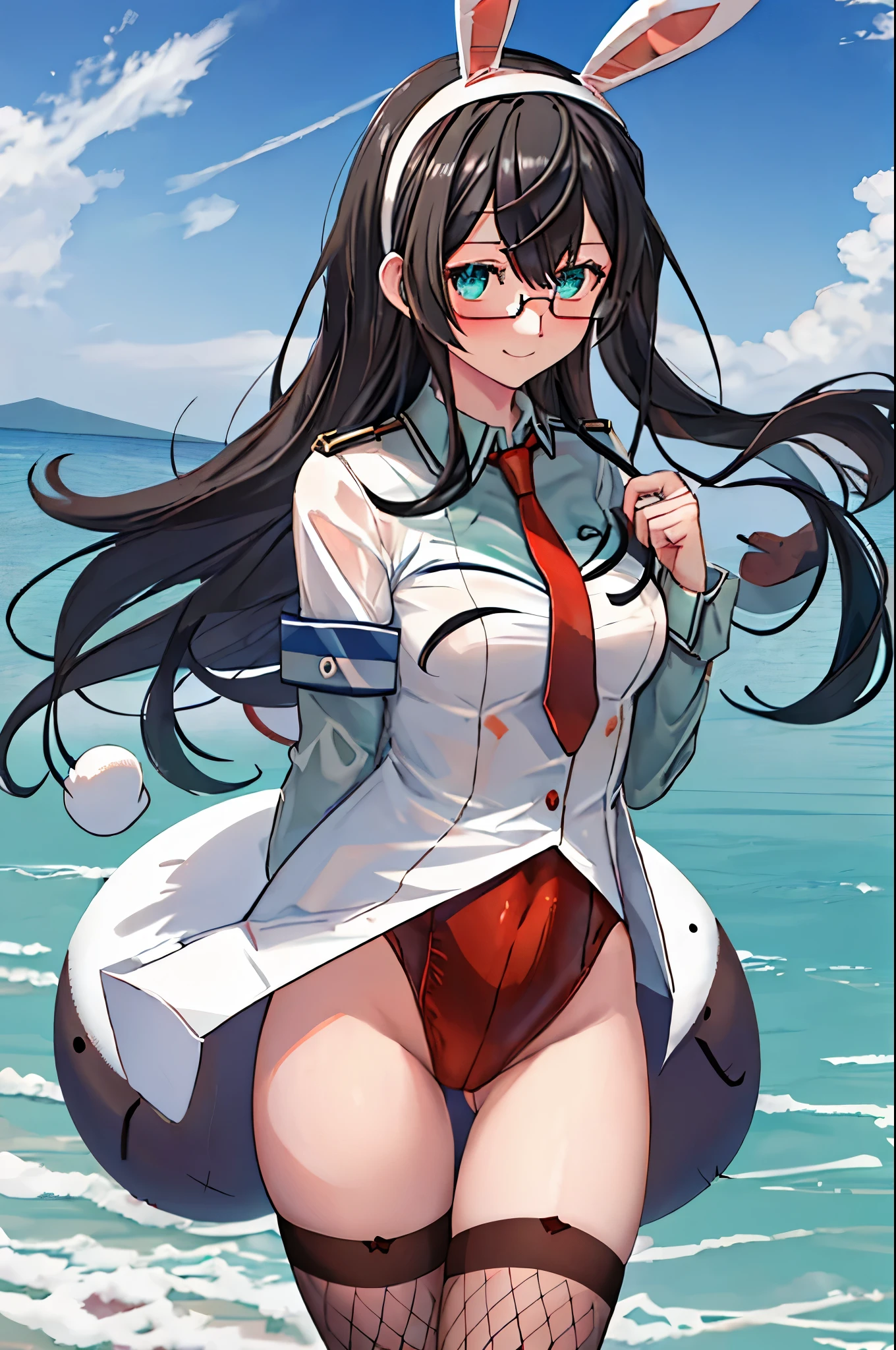 best quality, masterpiece, highres, solo, {ooyodo_kantaicollection:1.15}, black_hair, long_hair, glasses, hairband, semi-rimless_eyewear, under-rim_eyewear, blue_eyes, green_eyes, small_breasts, 1girl, looking_at_viewer, necktie, harbor_background, red_necktie,angry,smile,Proudly,(bunny_suits:1.5),bunny_ears,thighs,fishnet_pantyhose,cuffs,