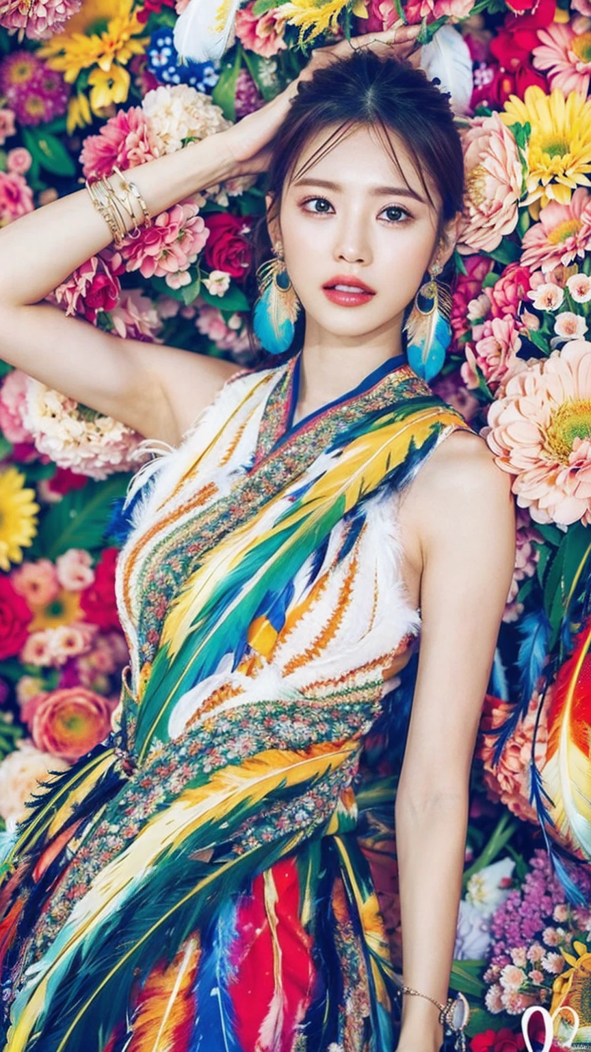 (masterpiece, Highest quality, Highest quality, Official Art, beautifully、aesthetic:1.2), (One girl:1.3), Very detailed,(Fractal Art:1.1),(colorful:1.1)(Flowers:1.3),Most detailed,(Tangled:1.2), (Dynamic pose), (Abstract background:1.3), (Shiny skin), (Many colors:1.4), ,(Earrings:1.4), (feather:1.4)