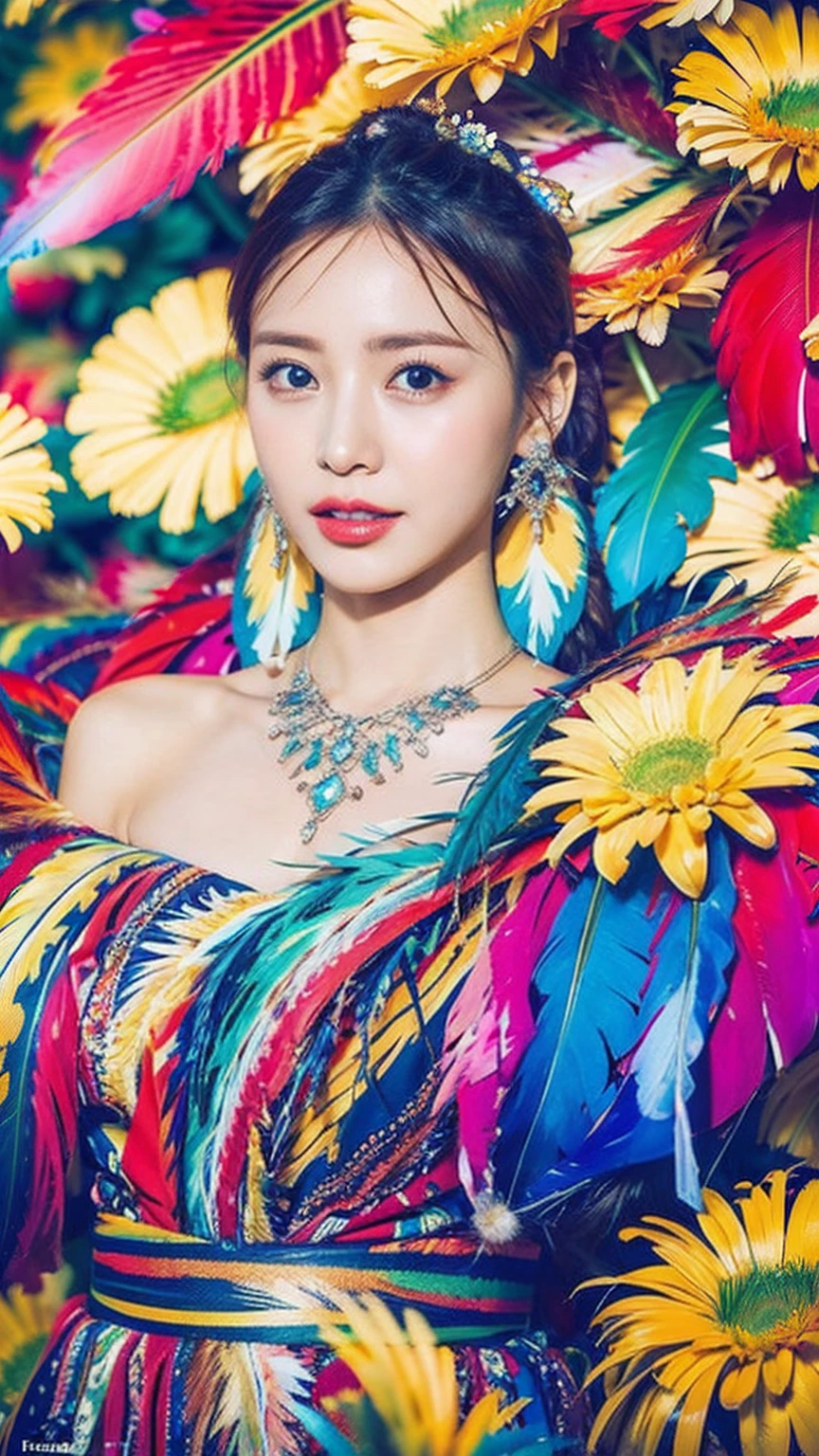 (masterpiece, Highest quality, Highest quality, Official Art, beautifully、aesthetic:1.2), (One girl:1.3), Very detailed,(Fractal Art:1.1),(colorful:1.1)(Flowers:1.3),Most detailed,(Tangled:1.2), (Dynamic pose), (Abstract background:1.3), (Shiny skin), (Many colors:1.4), ,(Earrings:1.4), (feather:1.4)