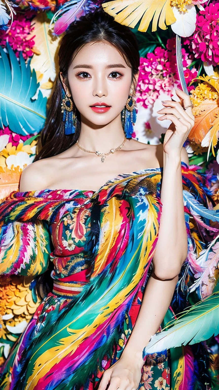 (masterpiece, Highest quality, Highest quality, Official Art, beautifully、aesthetic:1.2), (One girl:1.3), Very detailed,(Fractal Art:1.1),(colorful:1.1)(Flowers:1.3),Most detailed,(Tangled:1.2), (Dynamic pose), (Abstract background:1.3), (Shiny skin), (Many colors:1.4), ,(Earrings:1.4), (feather:1.4)