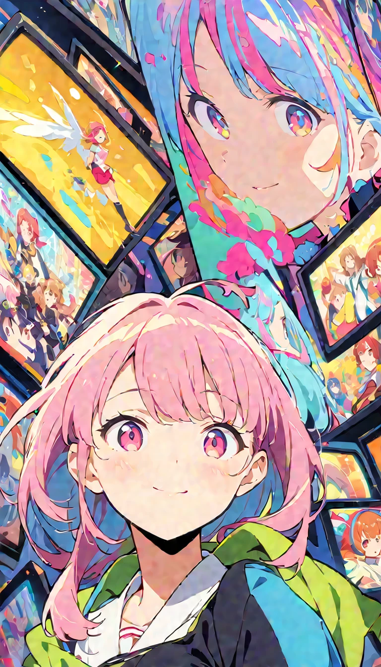 anime style, Ultra-fine illustrations, highly detailed, Dynamic Angle, beautiful detailed, 8k, In front of many CRT TVs, break various programs are being broadcasted. A woman stares at them, break smiling amidst the colorful scenes.(Highest quality、masterpiece、High resolution、detailed)animeスタイル、Flat Style、(Shining Eyes、detailed美しい顔), break,Dynamic Angle、anime