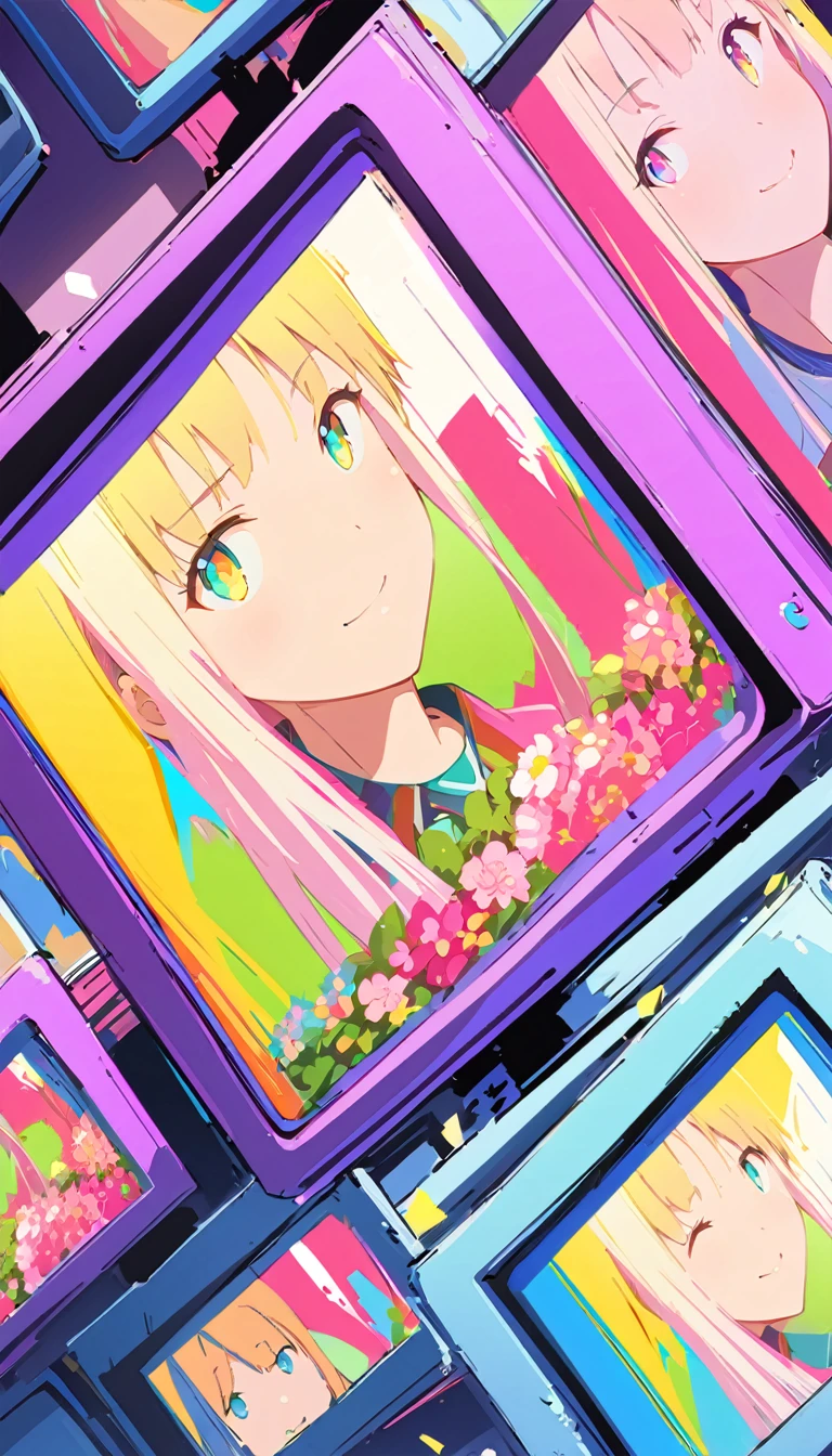 anime style, Ultra-fine illustrations, highly detailed, Dynamic Angle, beautiful detailed, 8k, In front of many CRT TVs, break various programs are being broadcasted. A woman stares at them, break smiling amidst the colorful scenes.(Highest quality、masterpiece、High resolution、detailed)animeスタイル、Flat Style、(Shining Eyes、detailed美しい顔), break,Dynamic Angle、anime
