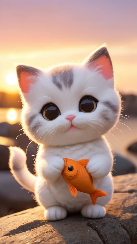 a small, simple, cuddly felt fat kitten holding a fish in its tiny hands, gazing directly into the camera with a joyful smile. The scene is so sweet that it melts even the toughest hearts. Describe the loving atmosphere created by the combination of felt, smiles, and hearts diring a beautiful sunrise 