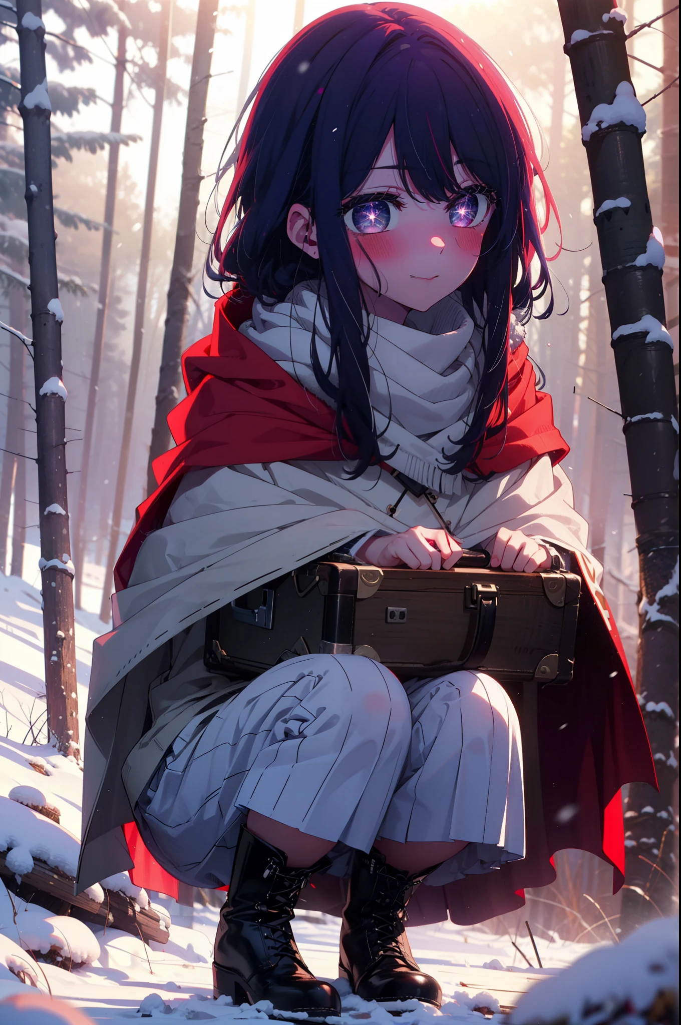 aihoshino, ai hoshino, Long Hair, bangs, (Purple eyes:1.1), Purple Hair, (Symbol-shaped pupil:1.5), smile,,smile,blush,White Breath,
Open your mouth,snow,Ground bonfire, Outdoor, boots, snowing, From the side, wood, suitcase, Cape, Blurred, , forest, White handbag, nature, Squat, Mouth closed, Cape, winter, Written boundary depth, Black shoes, red Cape break looking at viewer, Upper Body, whole body, break Outdoor, forest, nature, break (masterpiece:1.2), Highest quality, High resolution, unity 8k wallpaper, (shape:0.8), (Beautiful and beautiful eyes:1.6), Highly detailed face, Perfect lighting, Extremely detailed CG, (Perfect hands, Perfect Anatomy),