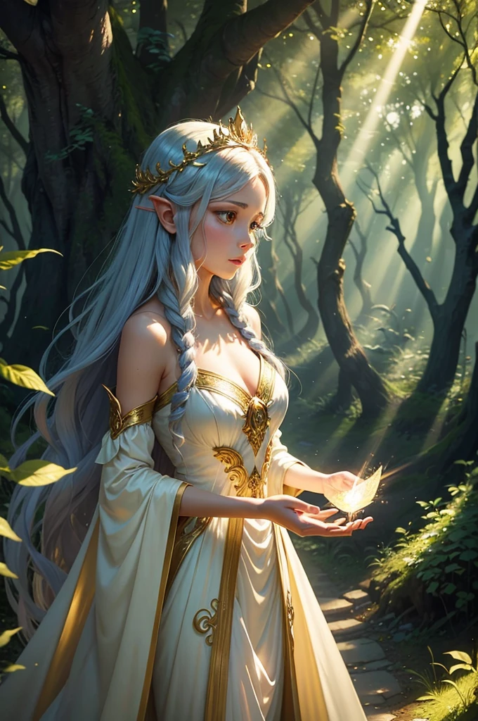 Create a fantasy-style anime illustration of a beautiful fairy in an enchanted forest. The fairy should have long, flowing hair, pointed ears, and delicate wings that shimmer in the light. She is wearing an elegant, flowing gown with intricate golden details, and a crown of flowers adorns her head. The fairy is holding a glowing orb in her hands, which casts a magical light around her. The forest background is lush and mystical, with rays of sunlight filtering through the trees, creating a serene and magical atmosphere.”