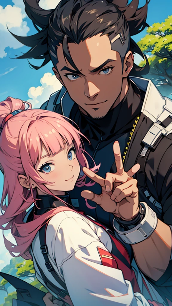 close up, anime, happy family of black people, anime style, futuristic clothes, peace fingers, nature background, high quality