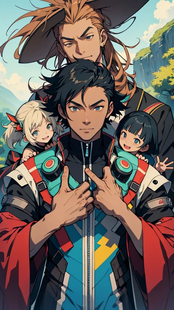 close up, anime, happy family of black people, anime style, futuristic clothes, peace fingers, nature background, high quality