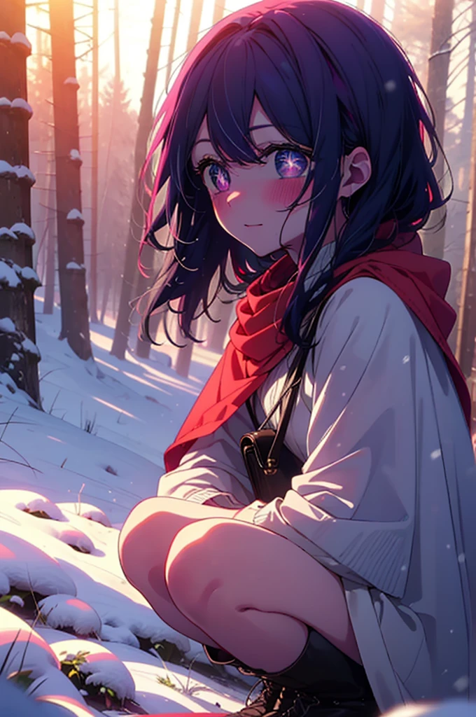 aihoshino, ai hoshino, Long Hair, bangs, (Purple eyes:1.1), Purple Hair, (Symbol-shaped pupil:1.5), smile,,smile,blush,White Breath,
Open your mouth,snow,Ground bonfire, Outdoor, boots, snowing, From the side, wood, suitcase, Cape, Blurred, , forest, White handbag, nature,  Squat, Mouth closed, Cape, winter, Written boundary depth, Black shoes, red Cape break looking at viewer, Upper Body, whole body, break Outdoor, forest, nature, break (masterpiece:1.2), Highest quality, High resolution, unity 8k wallpaper, (shape:0.8), (Beautiful and beautiful eyes:1.6), Highly detailed face, Perfect lighting, Extremely detailed CG, (Perfect hands, Perfect Anatomy),