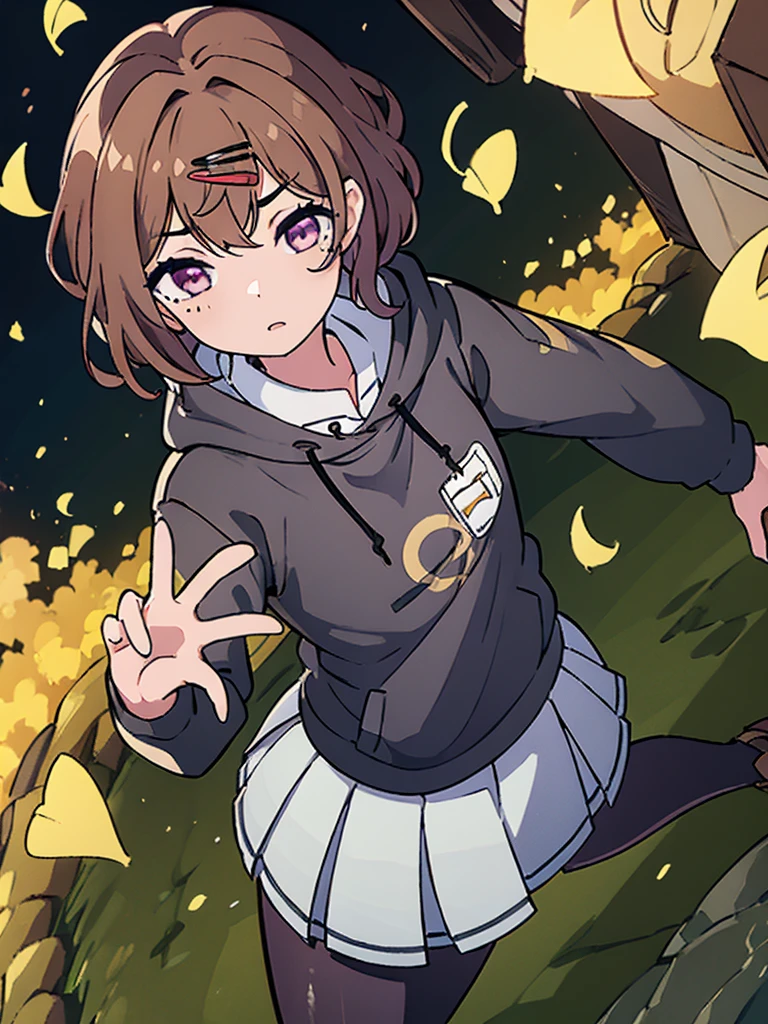 (((higuchi_madoka))),(((1girl in))),(((Brown hair))),(((hair clips))),(((Mole under the eyes))),((short-hair))),(( (bangss))),(((Wearing a black hoodie))),(((Grey pleated skirt))),(((Black hose))),(((shirt with collar)))),((long-sleeve))) ,(((Purple eyes))),((Perfect hands)))(((Perfect Anatomy)))(Beautiful detailed eyes: 1.6)、(((extra detailed face)))、Walking、Yellow ginkgo tree-lined promenade、Yellow ginkgo leaves fluttering in the wind、softlight、Rim Lights、超A high resolution、top-quality、magnifica、hightquality、Hi-Res、extremely details CG、masutepiece、Best Quality、ultra-detailliert、From above、Looking at the sky、Epal look、(((I have my hand in my hoodie pocket.)))