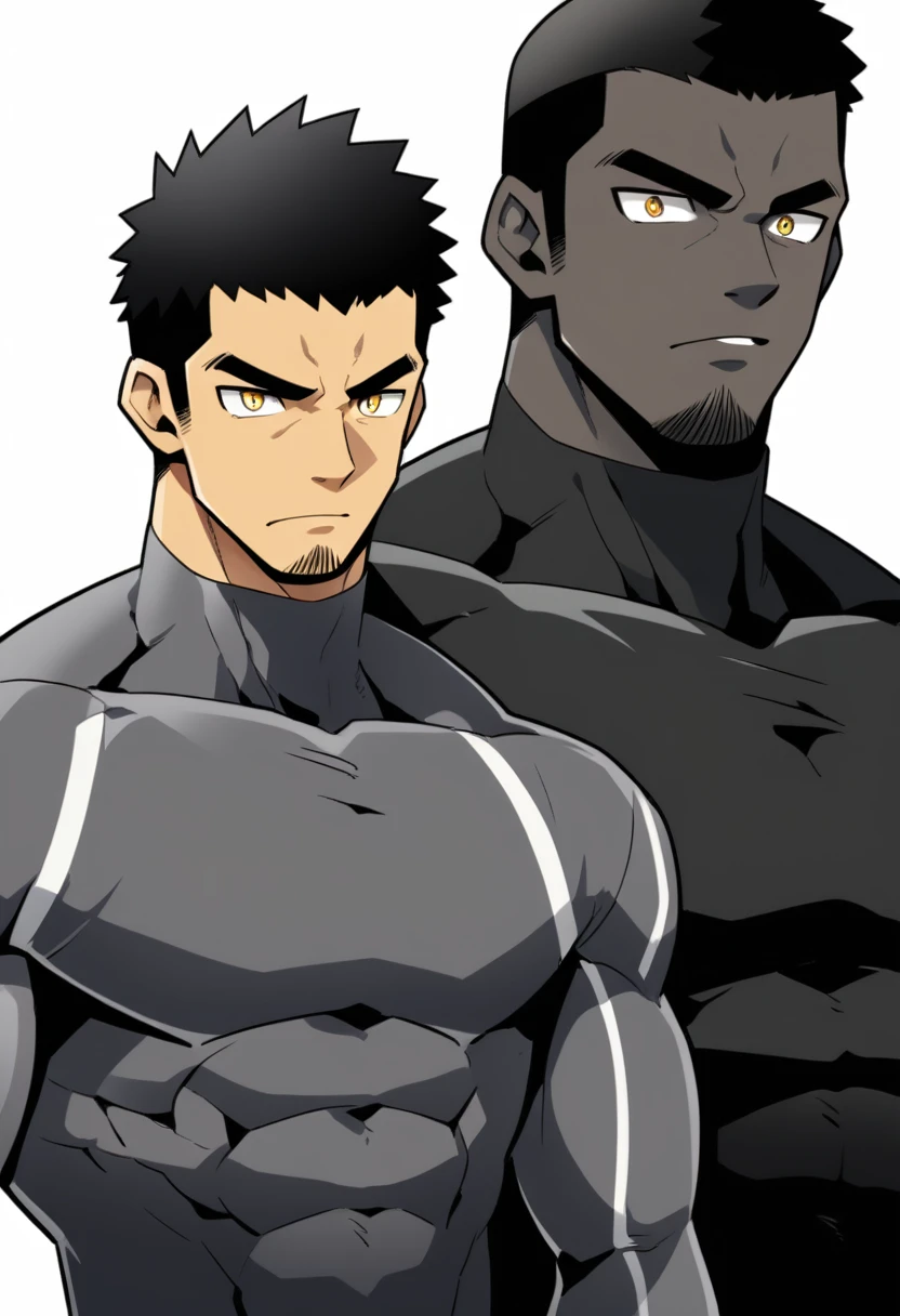 one negro, anime characters:Gyee, Hibino Kafka, One Muscle Sports Student, negro black skin, Very Black, muscular tough guy, Manliness, male focus, Grey long sleeve turtleneck tight t-shirt, Regular symmetrical pattern, Very tight, muscular male, muscular, only, Upper body, alone, Black short hair, Thick eyebrows, stubble, Yellow eyes, White background, simple background, amazing quality, best aesthetics, Ridiculous, bright pupils, crew cut, parted lips, v-shaped eyebrows, jitome, best quality