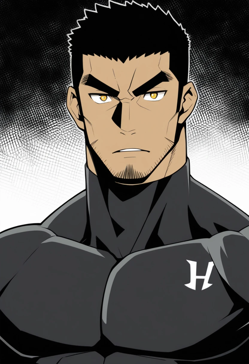 one negro, anime characters：Gyee, Hibino Kafka, One Muscle Sports Student, negro black skin, Very Black, muscular tough guy, Manliness, male focus, Grey long sleeve turtleneck tight t-shirt, Regular symmetrical pattern, Very tight, muscular male, muscular, only, Upper body, alone, Black short hair, Thick eyebrows, stubble, Yellow eyes, White background, simple background, amazing quality, best aesthetics, Ridiculous, bright pupils, crew cut, parted lips, v-shaped eyebrows, jitome, best quality