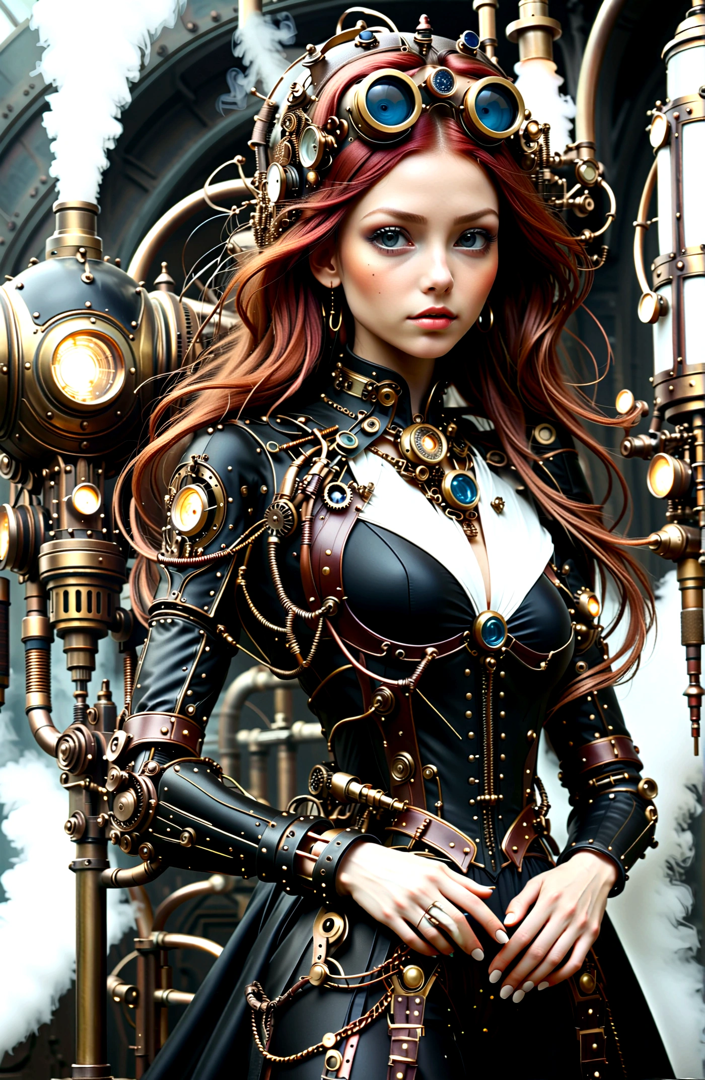 Full body, Full body bild((Masterpiece)),mfbp1, (Best Quality), (Cinematic),(Extremely detailed CG Unity 8k wallpaper), 1 girl, fit,Delicious company, small breasts,(no goggles on face)(very long redhair),one Stunning red-haired steampunk woman who lost her forearm in an accident received a beautifully designed, fine and perfectly fitting robotic prosthesis (steampunk style) as a replacement, posing coolly in front of machines and factories. With this prosthesis she shows us a sealed, delicate poison glass bottle with blue liquid in it. Hand-forearm prosthesis made of brass and leather. She wears tight-fitting clothing (steampunk leather suit with cut-outs on hips and belly and buckles).the forearms are nude to show the prothetic arm, hoes and decorative wielding goggles in her hair on head, also made of brass and leather. The landscape is a bit gloomy, but also impressive.,1 line drawing,make up,steampunk style