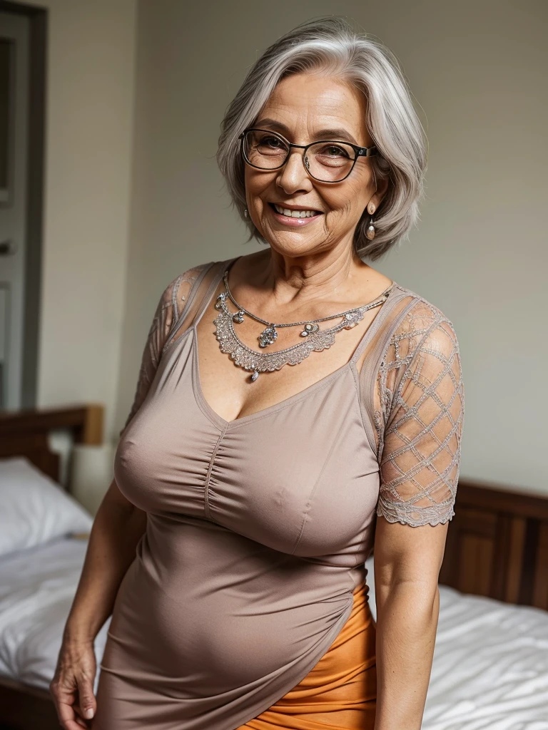 Mature old woman 80 years with silver hair, plus size, old face and body with many wrinkles, smiling, loose skin, standing at bedroom posing for photo, She wearing tight orange bodycon dress, large neckline and lace stockings and glasses side view. jaw dropping mature older beauty, old face and body with wrinkles, legs are visible, old face, attractive grandma, a gorgeous old hair, beautiful old grandma, lovely older mature grandma, gorgeous beautiful grandma over 80 years old, beautiful silver hair grandma, beautiful detailed body and face, a beautiful old granny