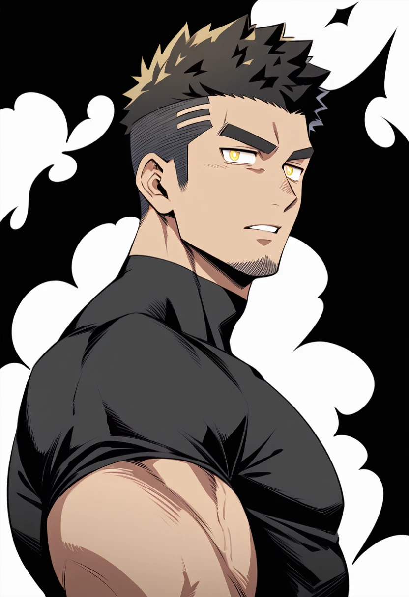 one negro, anime characters：Gyee, Hibino Kafka, One Muscle Sports Student, negro black skin, Very Black, muscular tough guy, Manliness, male focus, Grey long sleeve turtleneck tight t-shirt, Regular symmetrical pattern, Very tight, muscular male, muscular, only, Upper body, alone, Black short hair, Thick eyebrows, stubble, Yellow eyes, White background, simple background, amazing quality, best aesthetics, Ridiculous, bright pupils, crew cut, parted lips, v-shaped eyebrows, jitome, best quality