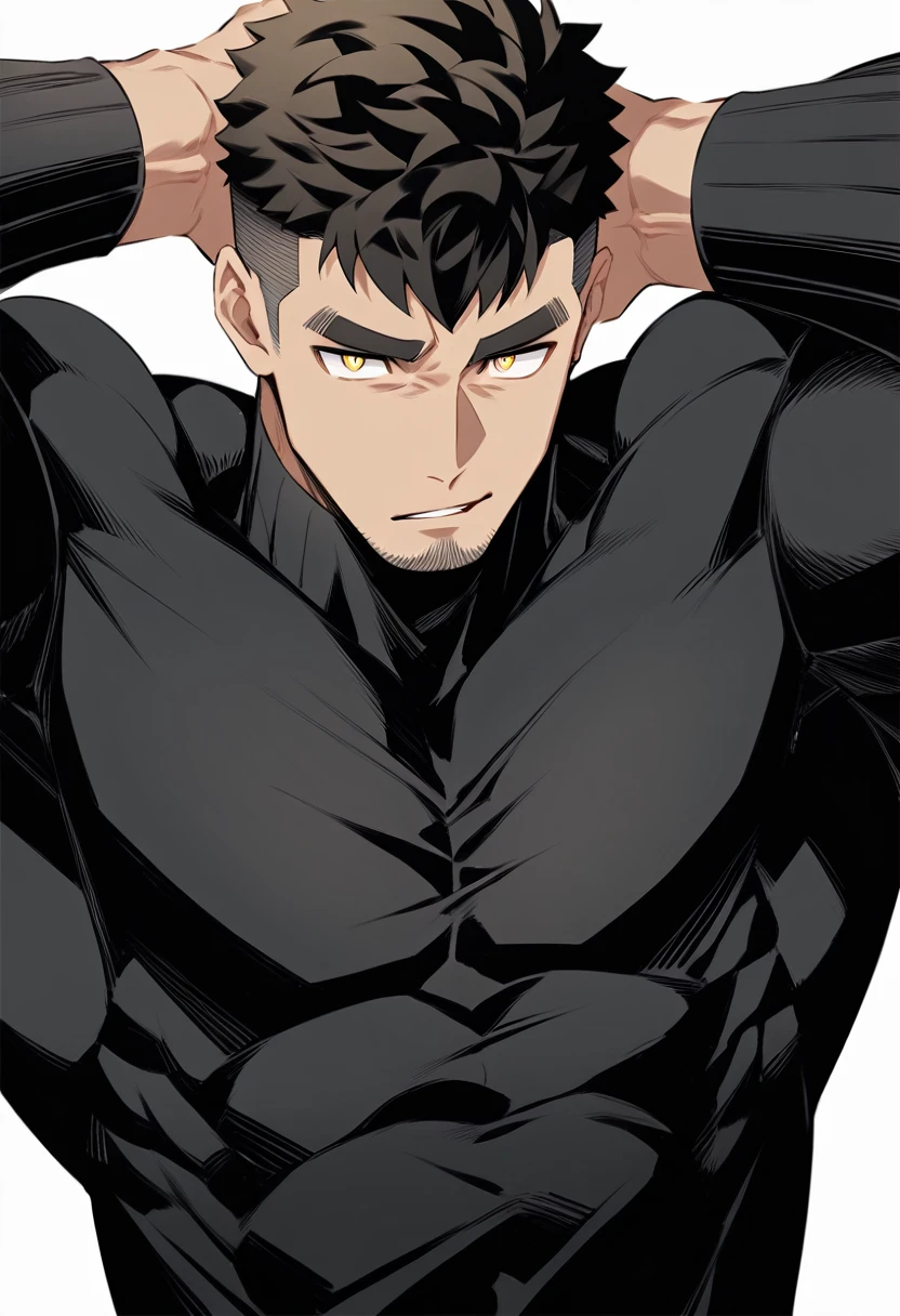 one negro, anime characters:Gyee, Hibino Kafka, One Muscle Sports Student, ????? black skin, Very Black, muscular tough guy, Manliness, male focus, Grey long sleeve turtleneck tight t-shirt, Regular symmetrical pattern, Very tight, muscular male, muscular, only, Upper body, alone, Black short hair, Thick eyebrows, stubble, Yellow eyes, White background, simple background, amazing quality, best aesthetics, Ridiculous, bright pupils, crew cut, parted lips, v-shaped eyebrows, jitome, best quality