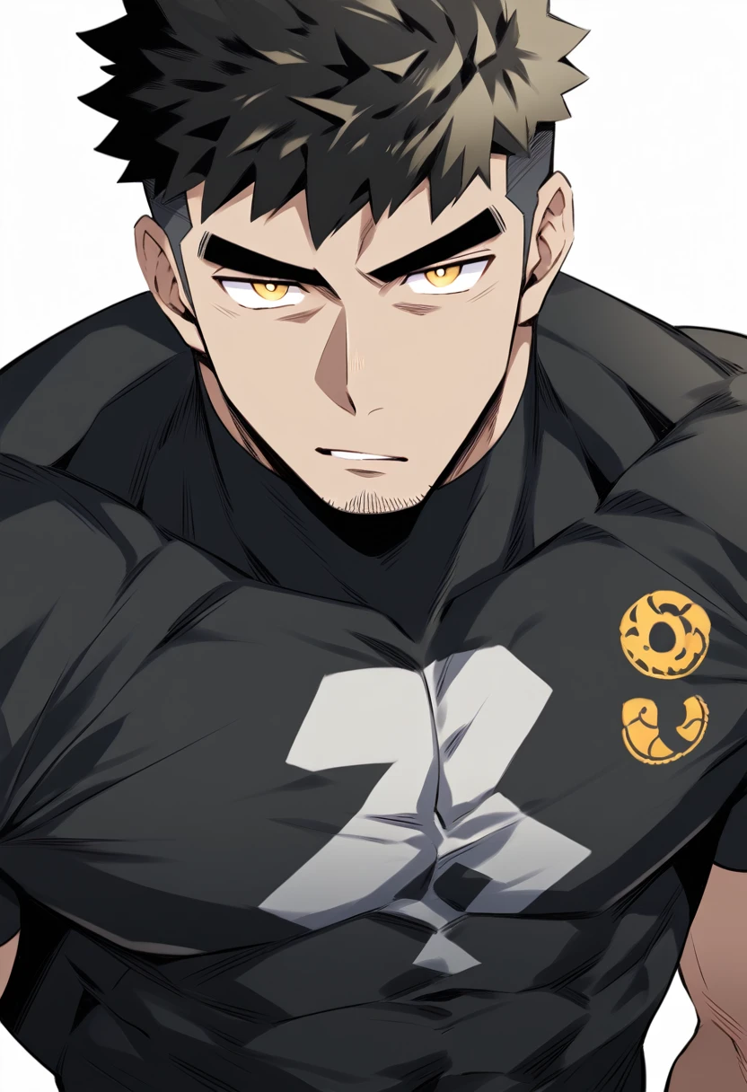 one negro, anime characters：Gyee, Hibino Kafka, One Muscle Sports Student, negro black skin, Very Black, muscular tough guy, Manliness, male focus, Grey long sleeve turtleneck tight t-shirt, Regular symmetrical pattern, Very tight, muscular male, muscular, only, Upper body, alone, Black short hair, Thick eyebrows, stubble, Yellow eyes, White background, simple background, amazing quality, best aesthetics, Ridiculous, bright pupils, crew cut, parted lips, v-shaped eyebrows, jitome, best quality