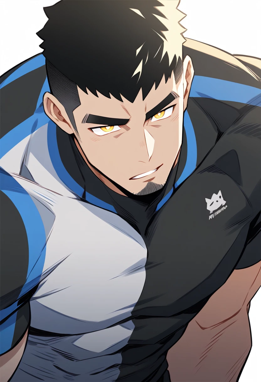 one negro, anime characters:Gyee, Hibino Kafka, One Muscle Sports Student, negro black skin, Very Black, muscular tough guy, Manliness, male focus, Grey long sleeve turtleneck tight t-shirt, Regular symmetrical pattern, Very tight, muscular male, muscular, only, Upper body, alone, Black short hair, Thick eyebrows, stubble, Yellow eyes, White background, simple background, amazing quality, best aesthetics, Ridiculous, bright pupils, crew cut, parted lips, v-shaped eyebrows, jitome, best quality