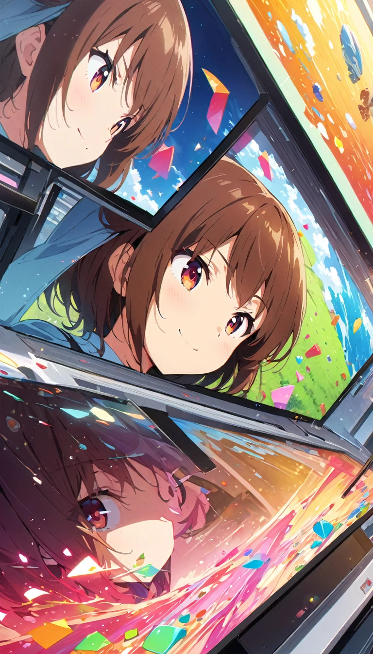 anime style, Ultra-fine illustrations, highly detailed, Dynamic Angle, beautiful detailed, 8k, In front of many CRT TVs, break various programs are being broadcasted. A woman stares at them, break smiling amidst the colorful scenes.(Highest quality、masterpiece、High resolution、detailed)animeスタイル、Flat Style、(Shining Eyes、detailed美しい顔), break,Dynamic Angle、anime