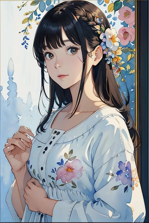 (watercolor paiting:1.2),1girl in,solo,florals,portlate, (front-facing view), A dark-haired, Floral hair ornament, Middle chest,(Beautiful Detail Eye: 1.1), (Detailed hand), (Detail light: 1.1), Film Light