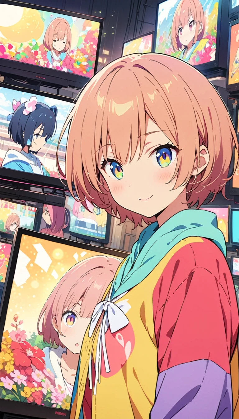 anime style, Ultra-fine illustrations, highly detailed, Dynamic Angle, beautiful detailed, 8k, In front of many CRT TVs, break various programs are being broadcasted. A woman stares at them, break smiling amidst the colorful scenes.(Highest quality、masterpiece、High resolution、detailed)animeスタイル、Flat Style、(Shining Eyes、detailed美しい顔),  break,Dynamic Angle、anime