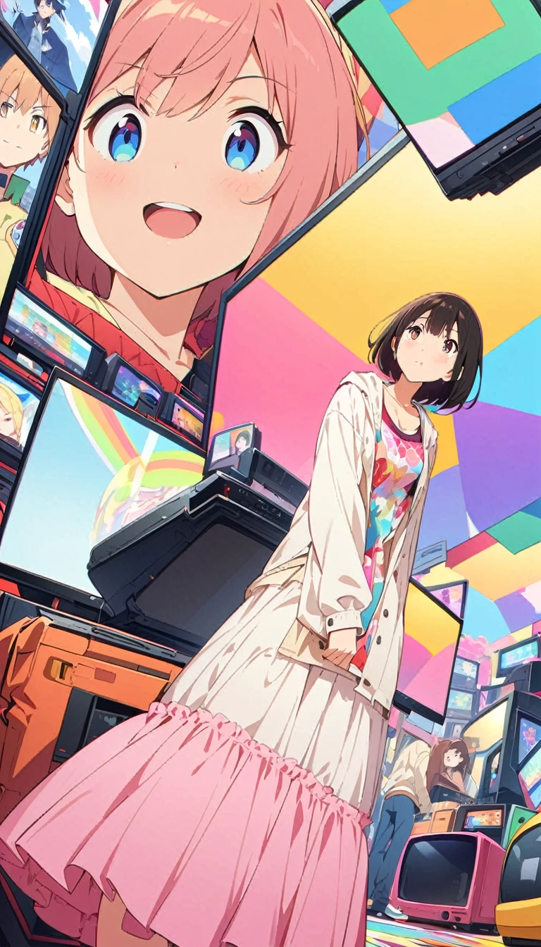 anime style, Ultra-fine illustrations, highly detailed, Dynamic Angle, beautiful detailed, 8k, In front of many CRT TVs, break various programs are being broadcasted. A woman stares at them, break smiling amidst the colorful scenes.(Highest quality、masterpiece、High resolution、detailed)animeスタイル、Flat Style、(Shining Eyes、detailed美しい顔),  break,Dynamic Angle、anime