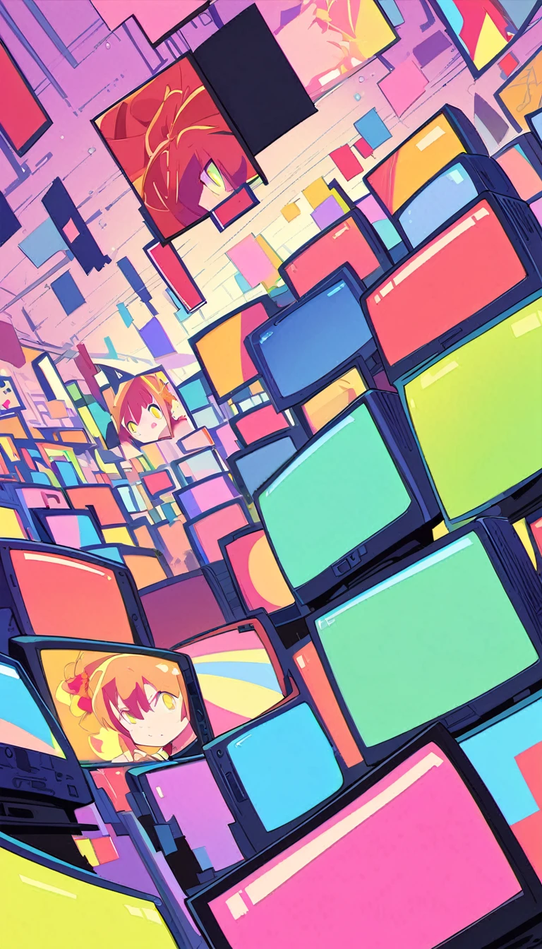 anime style, Ultra-fine illustrations, highly detailed, Dynamic Angle, beautiful detailed, 8k, In front of many CRT TVs, break various programs are being broadcasted. A woman stares at them, break smiling amidst the colorful scenes.(Highest quality、masterpiece、High resolution、detailed)animeスタイル、Flat Style、(Shining Eyes、detailed美しい顔),  break,Dynamic Angle、anime