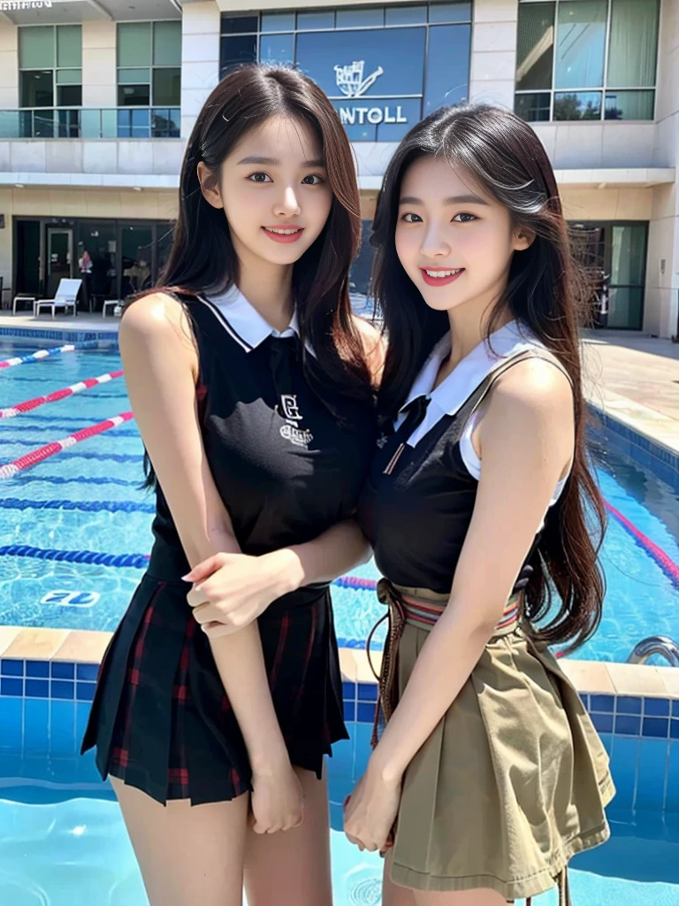 (Two super cute Korean high school girls take a photo together 1.2)(To laugh out loud:1.2)(Beautiful Sweat:1.1)(16k, RAW Photos, Highest quality, masterpiece: 1.2),(Mr.々Beautiful blonde with a stylish hairstyle:1.2) Super detailed, Super Resolution, (Genuine, Genuine photos: 1.37), Portraiture, High-resolution RAW color photos, Professional photos, Very detailed, 8k wallpaper, Very detailed CG Unity 8k wallpaper, Very detailed beautiful girls, Very detailed faces, ((whole body)), beautiful woman, Huge breasts,(huge boobs:1.1) (Big Boobs:1.1), Beauty college student (A tight, girly sleeveless  with ribbons),high school girl, Korean Girls,(K-POP Female Idols), (Idol-class beauty)(Beautiful high school girl:1.1)(School swimming pool)(18-year-old)(Stylish school uniform-style outfit for summer:1.1)(Group photo:1.2)(Splash:1.1)