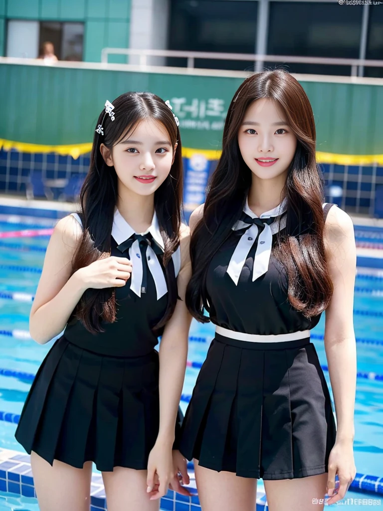 (Two super cute Korean high school girls take a photo together 1.2)(To laugh out loud:1.2)(Beautiful Sweat:1.1)(16k, RAW Photos, Highest quality, masterpiece: 1.2),(Mr.々Beautiful blonde with a stylish hairstyle:1.2) Super detailed, Super Resolution, (Genuine, Genuine photos: 1.37), Portraiture, High-resolution RAW color photos, Professional photos, Very detailed, 8k wallpaper, Very detailed CG Unity 8k wallpaper, Very detailed beautiful girls, Very detailed faces, ((whole body)), beautiful woman, Huge breasts,(huge boobs:1.1) (Big Boobs:1.1), Beauty college student (A tight, girly sleeveless  with ribbons),high school girl, Korean Girls,(K-POP Female Idols), (Idol-class beauty)(Beautiful high school girl:1.1)(School swimming pool)(18-year-old)(Stylish school uniform-style outfit for summer:1.1)(Group photo:1.2)(Splash:1.1)