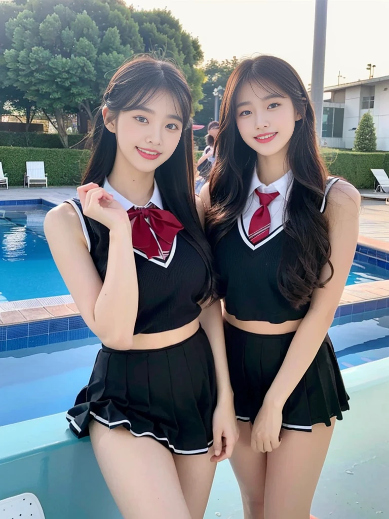 (Two super cute Korean high school girls take a photo together 1.2)(To laugh out loud:1.2)(Beautiful Sweat:1.1)(16k, RAW Photos, Highest quality, masterpiece: 1.2),(Mr.々Beautiful blonde with a stylish hairstyle:1.2) Super detailed, Super Resolution, (Genuine, Genuine photos: 1.37), Portraiture, High-resolution RAW color photos, Professional photos, Very detailed, 8k wallpaper, Very detailed CG Unity 8k wallpaper, Very detailed beautiful girls, Very detailed faces, ((whole body)), beautiful woman, Huge breasts,(huge boobs:1.1) (Big Boobs:1.1), Beauty college student (A tight, girly sleeveless  with ribbons),high school girl, Korean Girls,(K-POP Female Idols), (Idol-class beauty)(Beautiful high school girl:1.1)(School swimming pool)(18-year-old)(Stylish school uniform-style outfit for summer:1.1)(Group photo:1.2)(Splash:1.1)