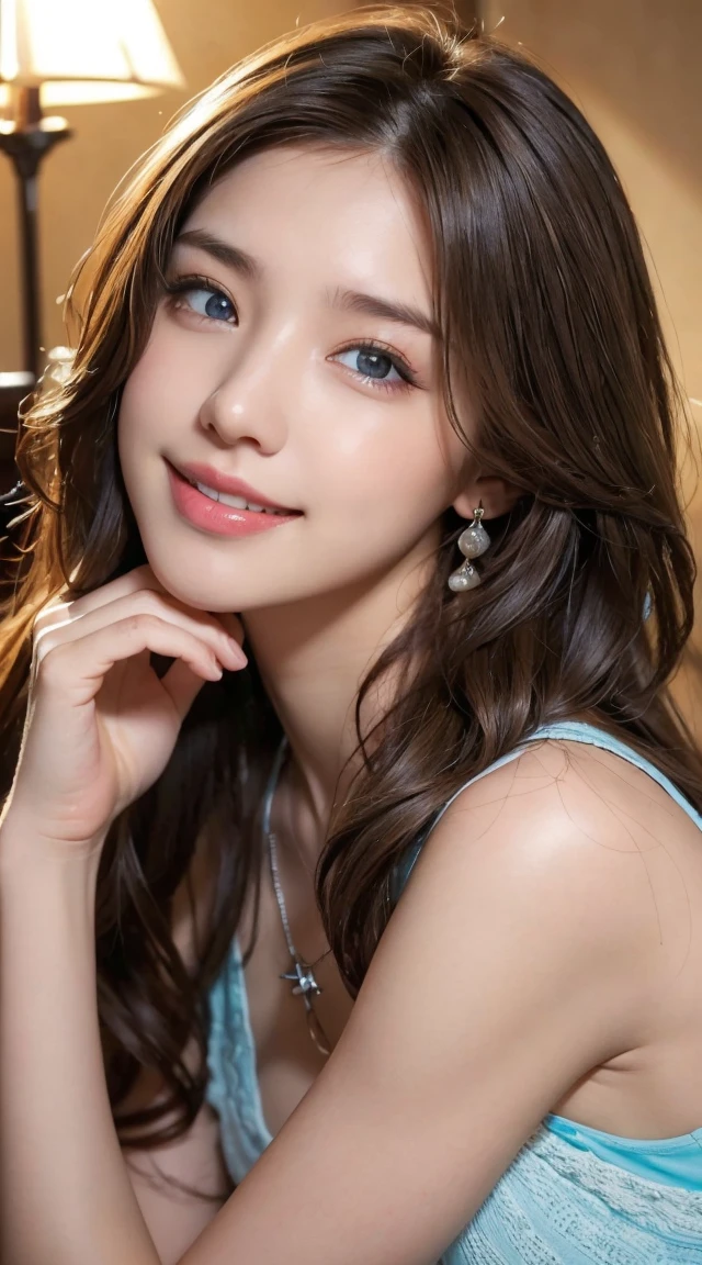 Pale face and eyes:1.5、超細い薄い顔とblue eyes:1.3, blue eyes:1.3、{RAW shooting、4k, 8k, Highest quality}, {{Masterpiece}}, {Very delicate and beautiful}, Outstanding light and shadow, Home、Highly detailed wallpaper, Sunny and bright sunlight, whole body, whole body、 1 girl、1 girl, , blush:1.2、(Shaggy light brown long hair:1.5), Strong sunlight, Delicate Hair,Realistic skin texture, B cup breasts、valley, Fresh, Young Skin, Visible wrinkles on the skin., Broad shoulders:1.4, ((A strong light shines on your face:1.5)), Take dynamic poses:1.5, necklace、ring、Earrings、Toothy smile:1,5、Smiling teeth:1.5, Ray Tracing、One girl, Beautiful woman with slim abdominal muscles: 1.3, Sitting with one's tail facing、((light brown long hair, C cup breasts:)), ((Oversized tank top: 1.2)), Very delicate face, Delicate eyes, double eyelid, Toothy smile, Toothy smile、Home