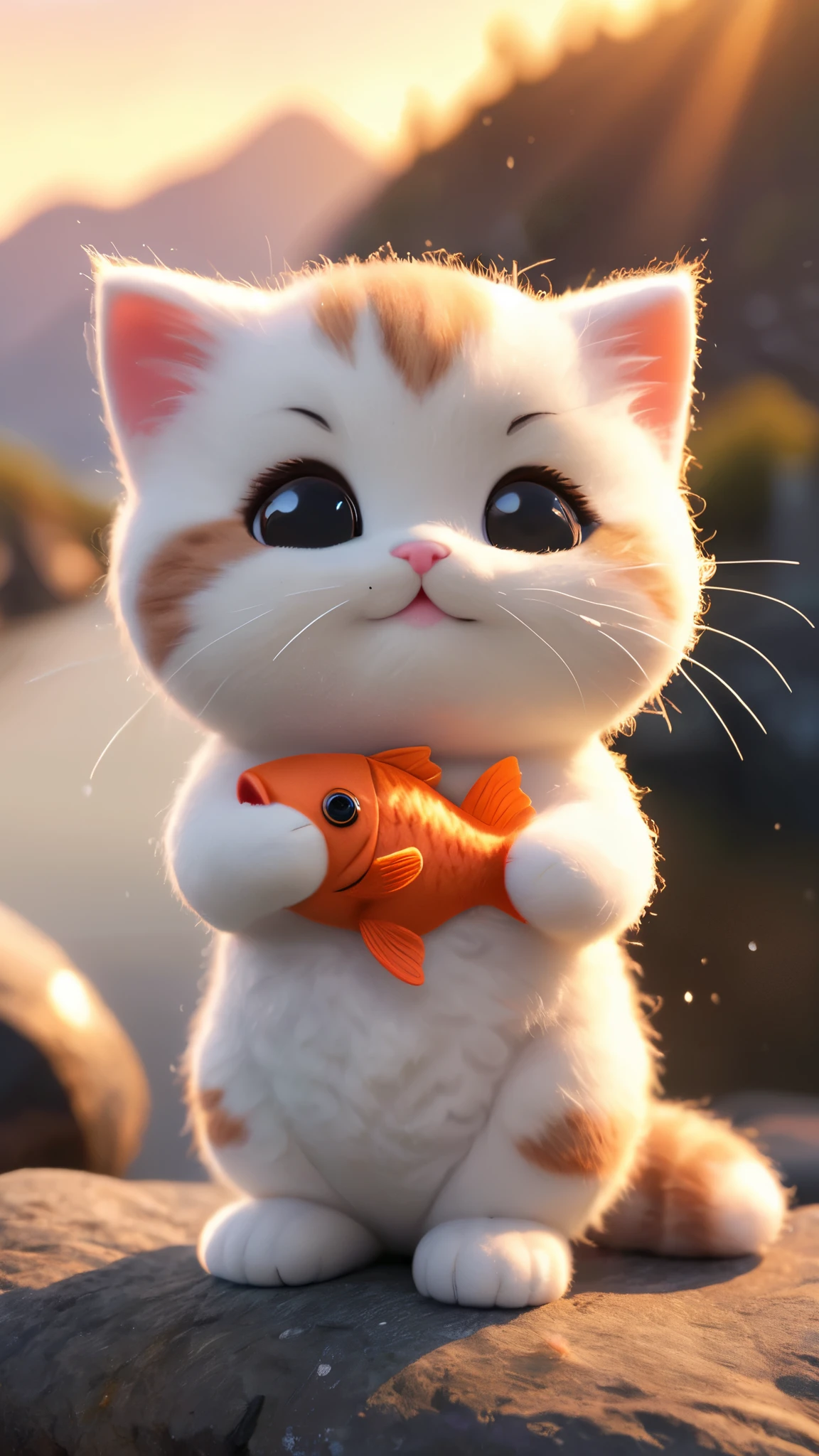 a small, simple, cuddly felt fat kitten holding a fish in its tiny hands, gazing directly into the camera with a joyful smile. The scene is so sweet that it melts even the toughest hearts. Describe the loving atmosphere created by the combination of felt, smiles, and hearts diring a beautiful sunrise 