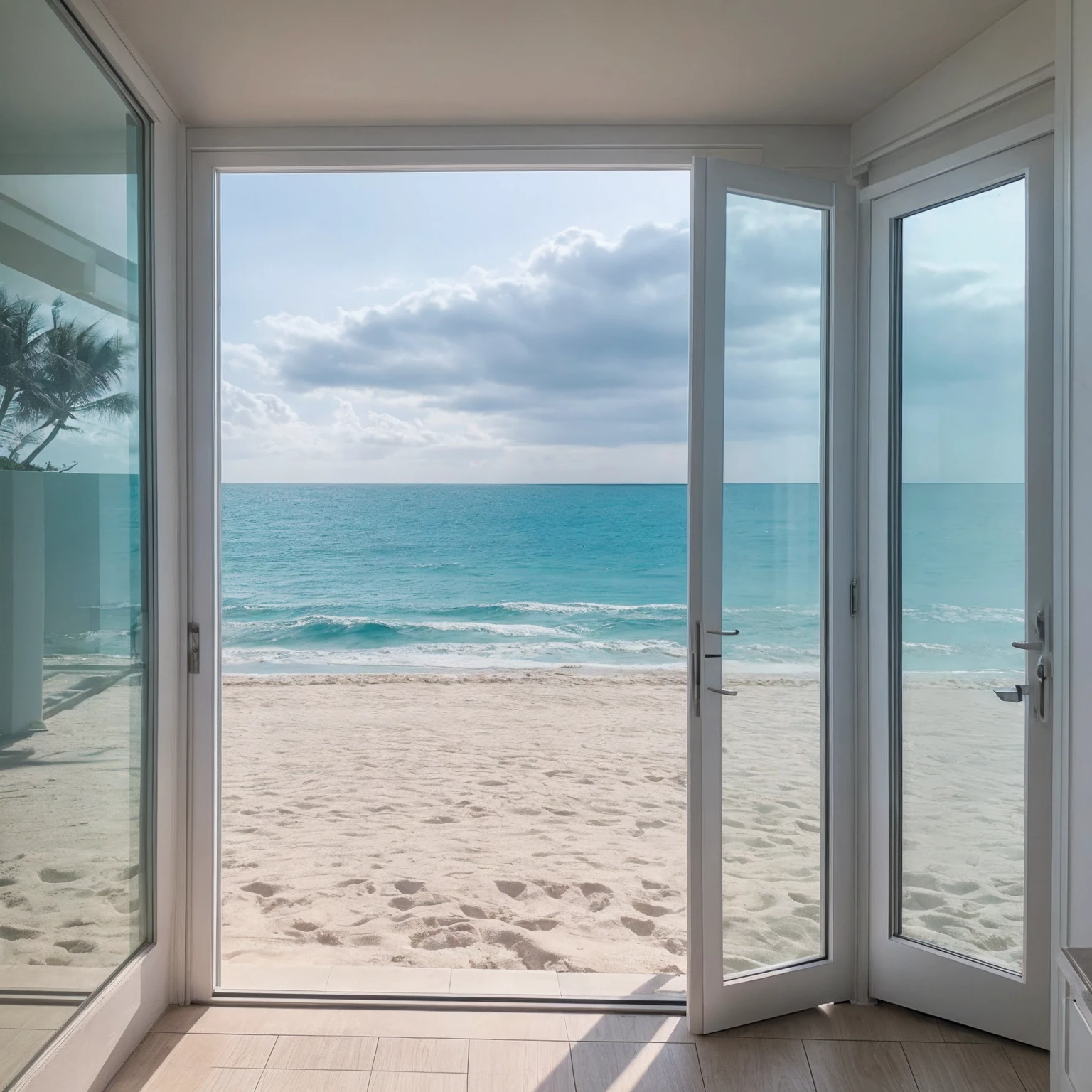 ultra realistic cloudy beach while camera view from cute and minimal designed house and perfect lighting and dreamy sea front of window , everything perfect , people on beach