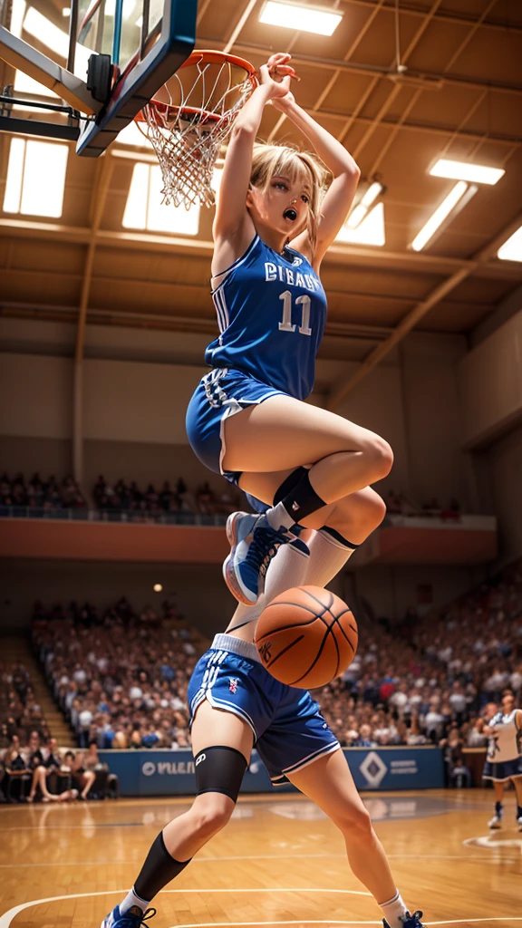 (top-quality, 8K, ?masterpiece:1.3) A portrait of an anime girl performing an impressive slam dunk in a basketball game. She wears a basketball jersey and shorts, with a look of intense concentration. The background includes an indoor basketball court, an audience in the stands, and bright overhead lights. The image should highlight detailed features of her powerful dunk, the vibrant court, and the exciting, high-energy atmosphere.
