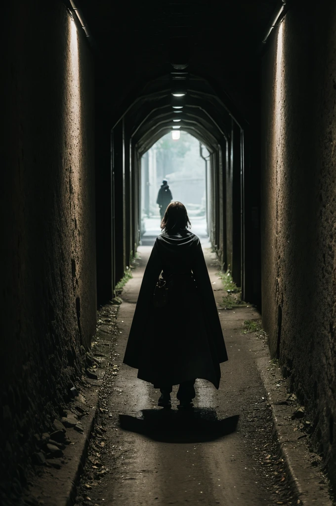 a dark tunnel with two characters in front