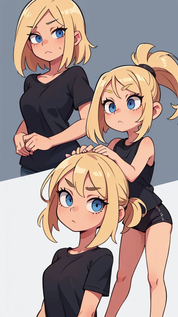 One blonde girl with loose shoulder-length hair Blue eyes in a black T-shirt Gorgeous eyelashes