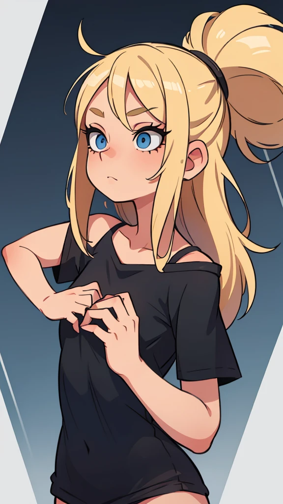 One blonde girl with loose shoulder-length hair Blue eyes in a black T-shirt Gorgeous eyelashes 