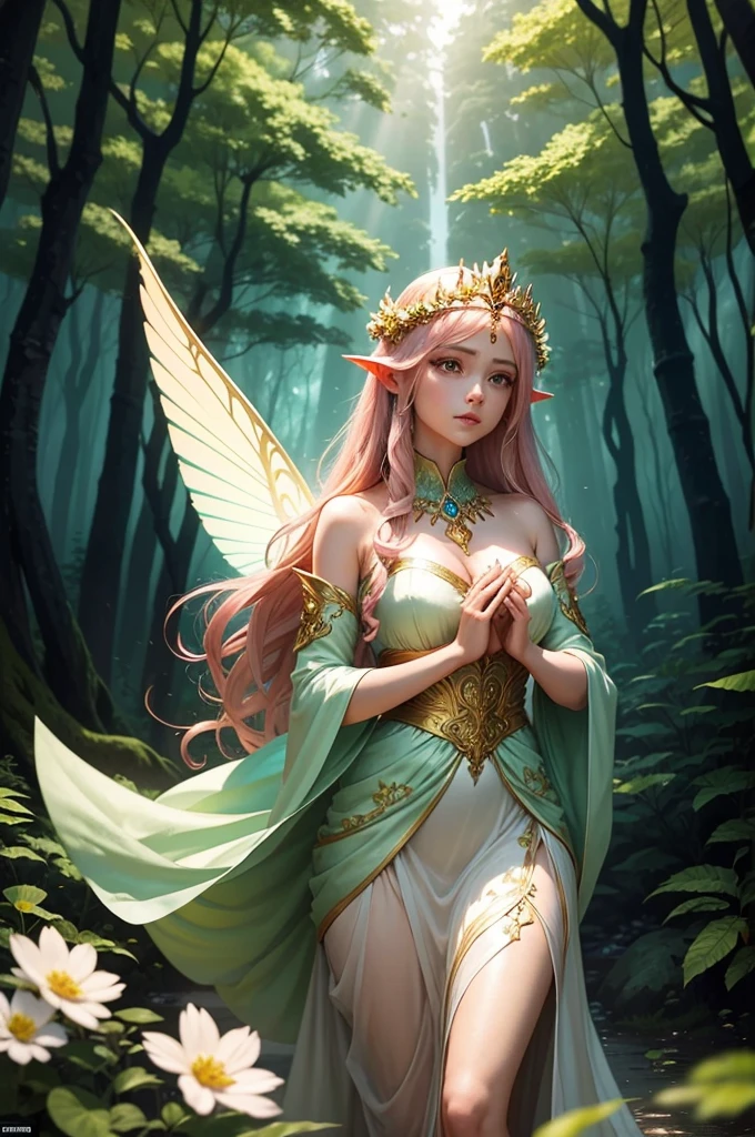 Create a fantasy-style anime illustration of a beautiful fairy in an enchanted forest. The fairy should have long, flowing hair, pointed ears, and delicate wings that shimmer in the light. She is wearing an elegant, flowing gown with intricate golden details, and a crown of flowers adorns her head. The fairy is holding a glowing orb in her hands, which casts a magical light around her. The forest background is lush and mystical, with rays of sunlight filtering through the trees, creating a serene and magical atmosphere.”