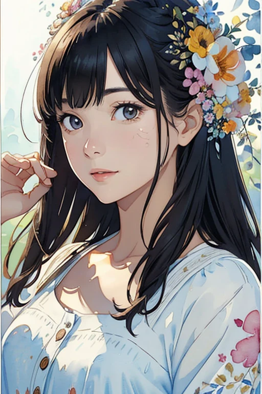 (watercolor paiting:1.2),1girl in,solo,florals,portlate, (front-facing view), A dark-haired, Floral hair ornament, Middle chest,(Beautiful Detail Eye: 1.1), (Detailed hand), (Detail light: 1.1), Film Light