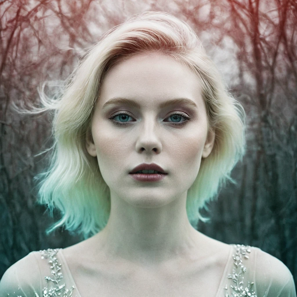 (Double Exposure Photography by Stanley Stellar and Josefa Pla Marco:1.2), award-winning photography, pale skin, evil slavic woman, upper body, aesthetic, dazzling atmosphere, atmospheric scattering, perfectly focused, f/22, symmetry and balance, artistic, infrared photography, outstanding details, (opal multi-color and opaque colors:0.1)