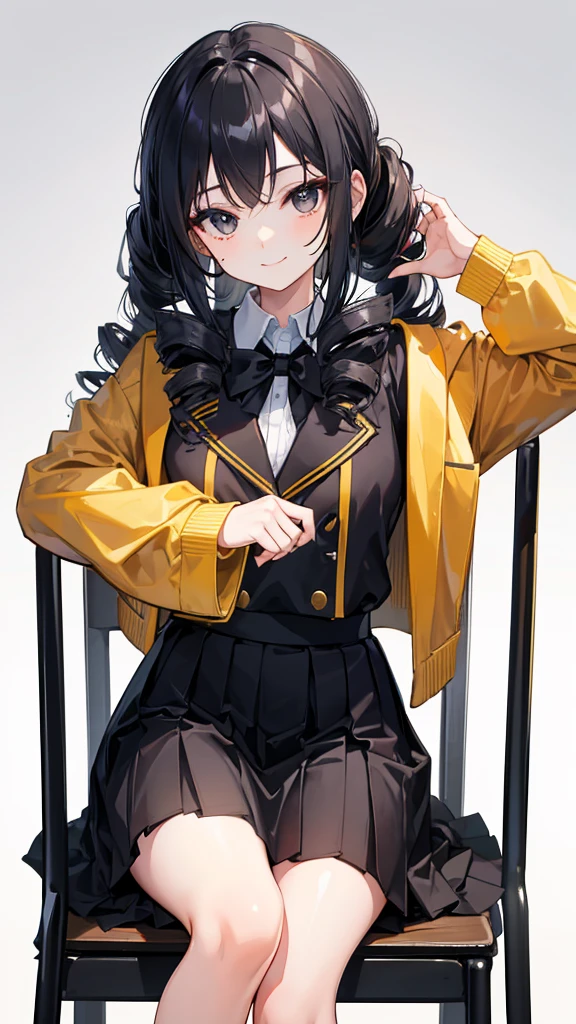 solo,Girl,Black eyes,Black long hair,drill curls,Golden school uniform,sit on the chair,White background,Smile