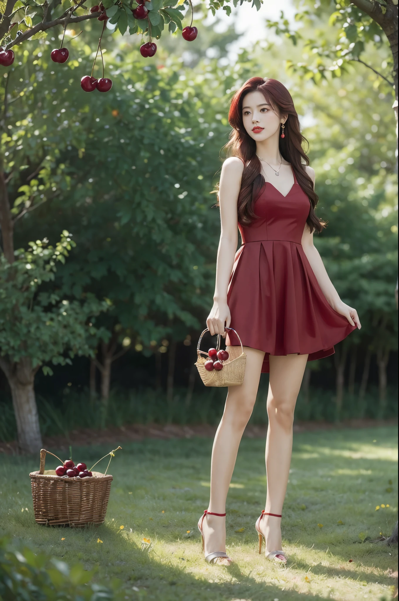 (((best quality))),(((ultra detailed))),(((masterpiece))),illustration,1 beautiful girl,solo,earrings,necklace,medium straight hair,slim,flat chest,red dress,summer,(cherry orchard full of red cherries:1.3),sunlight,dappled light,fair skin,smile,(ripest cherries on the trees:1.3),red lips,peaceful,summer breeze,hair fluttering,setting sun,radiant hue,beauty grace,basket,full body,slender legs,pantyhose,high heels