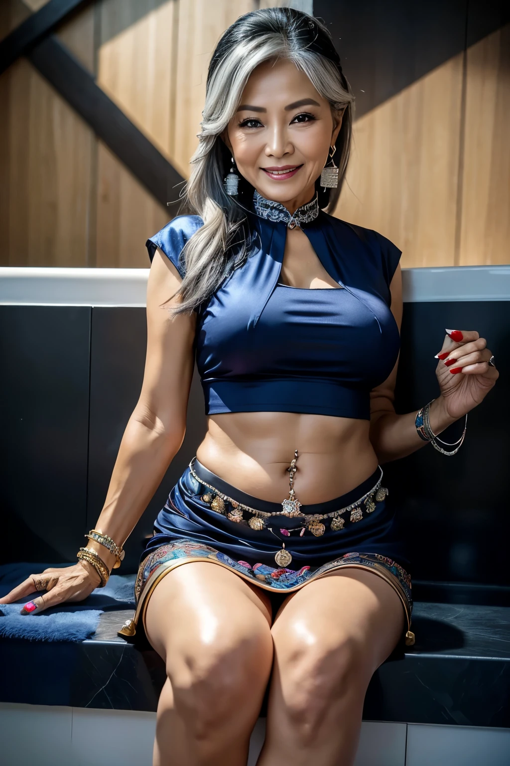 Sitting 75 years old Mom MILF Chinese Lady large earring Big choker navel piercing decoration A bracelet Silver Hair realisitic Gorgeous Madame Beautiful Mature Woman sexy Smile Gentle woman navel piercing 4K High quality toilet summer Beautiful feet