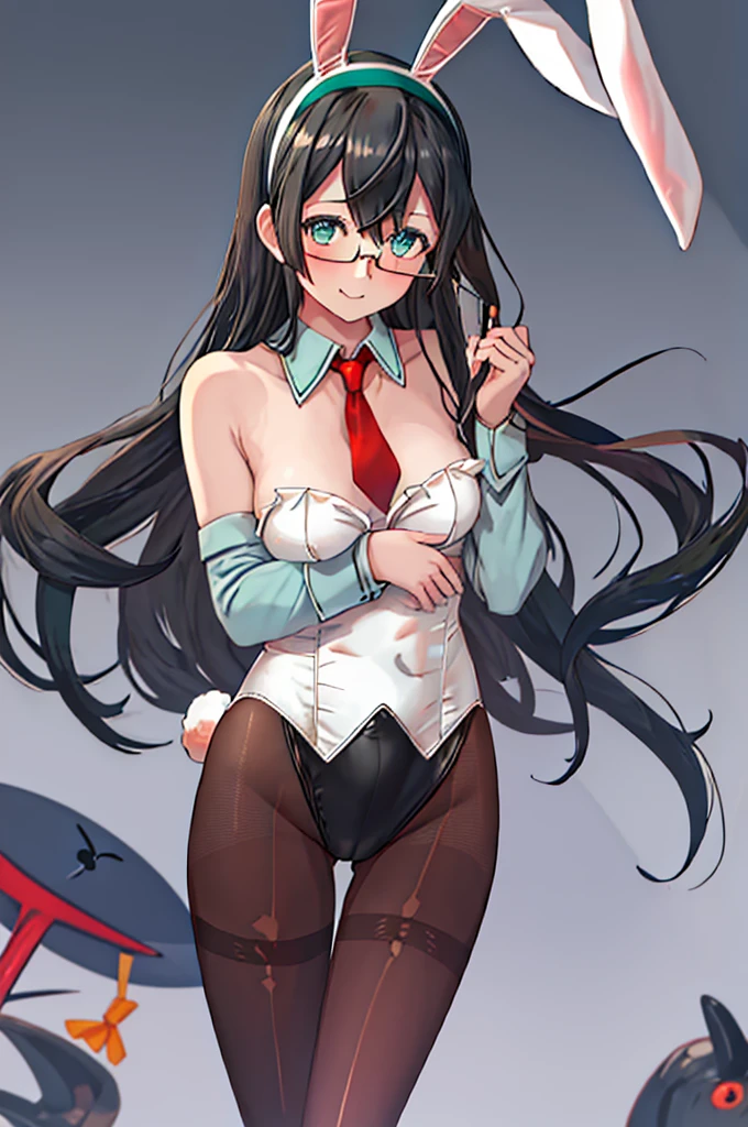 best quality, masterpiece, highres, solo, {ooyodo_kantaicollection:1.15}, black_hair, long_hair, glasses, hairband, semi-rimless_eyewear, under-rim_eyewear, blue_eyes, green_eyes, small_breasts, 1girl, looking_at_viewer, necktie, harbor_background, red_necktie,angry,smile,Proudly,(bunny_suits:1.5),bunny_ears,thighs,fishnet_pantyhose,cuffs,