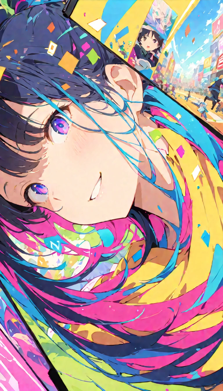 anime style, Ultra-fine illustrations, highly detailed, Dynamic Angle, beautiful detailed, 8k, In front of many CRT TVs, break various programs are being broadcasted. A woman stares at them, break smiling amidst the colorful scenes.(Highest quality、masterpiece、High resolution、detailed)animeスタイル、Flat Style、(Shining Eyes、detailed美しい顔),  break,Dynamic Angle、anime