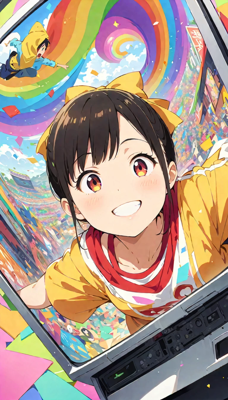 anime style, Ultra-fine illustrations, highly detailed, Dynamic Angle, beautiful detailed, 8k, In front of many CRT TVs, break various programs are being broadcasted. A woman stares at them, break smiling amidst the colorful scenes.(Highest quality、masterpiece、High resolution、detailed)animeスタイル、Flat Style、(Shining Eyes、detailed美しい顔),  break,Dynamic Angle、anime