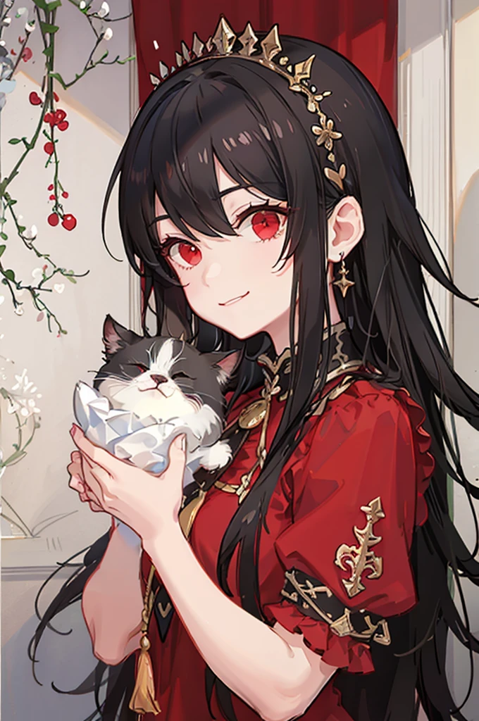 A kid, long straight black hair, long bangs, crimson red eyes, small, cute, short, background in a room, sweet smile and innocent