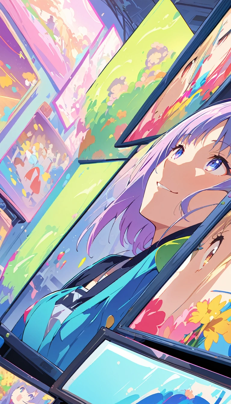 anime style, Ultra-fine illustrations, highly detailed, Dynamic Angle, beautiful detailed, 8k, In front of many CRT TVs, break various programs are being broadcasted. A woman stares at them, break smiling amidst the colorful scenes.(Highest quality、masterpiece、High resolution、detailed)animeスタイル、Flat Style、(Shining Eyes、detailed美しい顔),  break,Dynamic Angle、anime