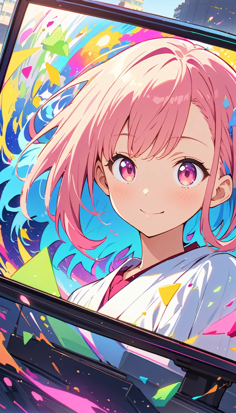 anime style, Ultra-fine illustrations, highly detailed, Dynamic Angle, beautiful detailed, 8k, In front of many CRT TVs, break various programs are being broadcasted. A woman stares at them, break smiling amidst the colorful scenes.(Highest quality、masterpiece、High resolution、detailed)animeスタイル、Flat Style、(Shining Eyes、detailed美しい顔), break,Dynamic Angle、anime