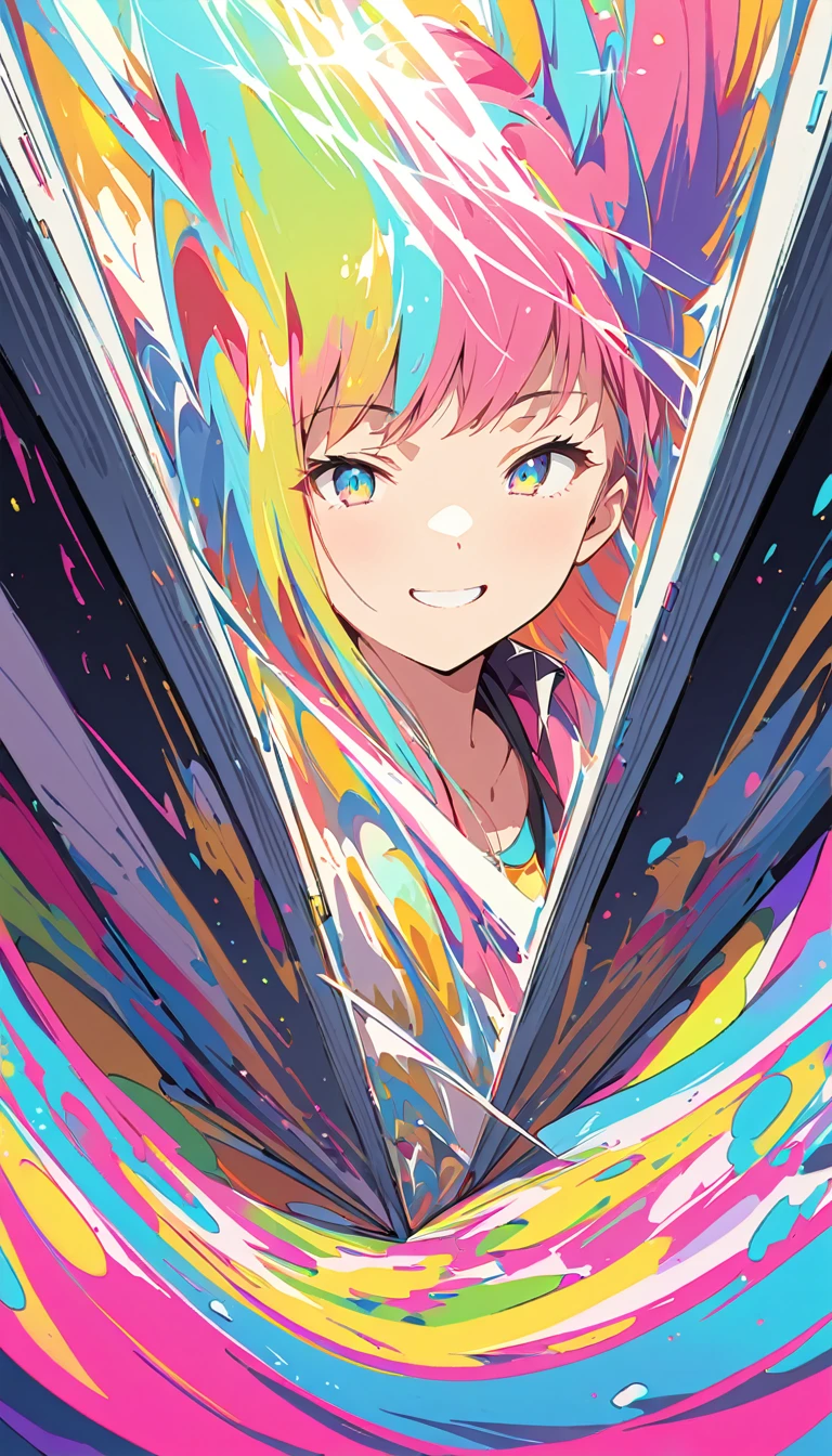 anime style, Ultra-fine illustrations, highly detailed, Dynamic Angle, beautiful detailed, 8k, In front of many CRT TVs, break various programs are being broadcasted. A woman stares at them, break smiling amidst the colorful scenes.(Highest quality、masterpiece、High resolution、detailed)animeスタイル、Flat Style、(Shining Eyes、detailed美しい顔), break,Dynamic Angle、anime